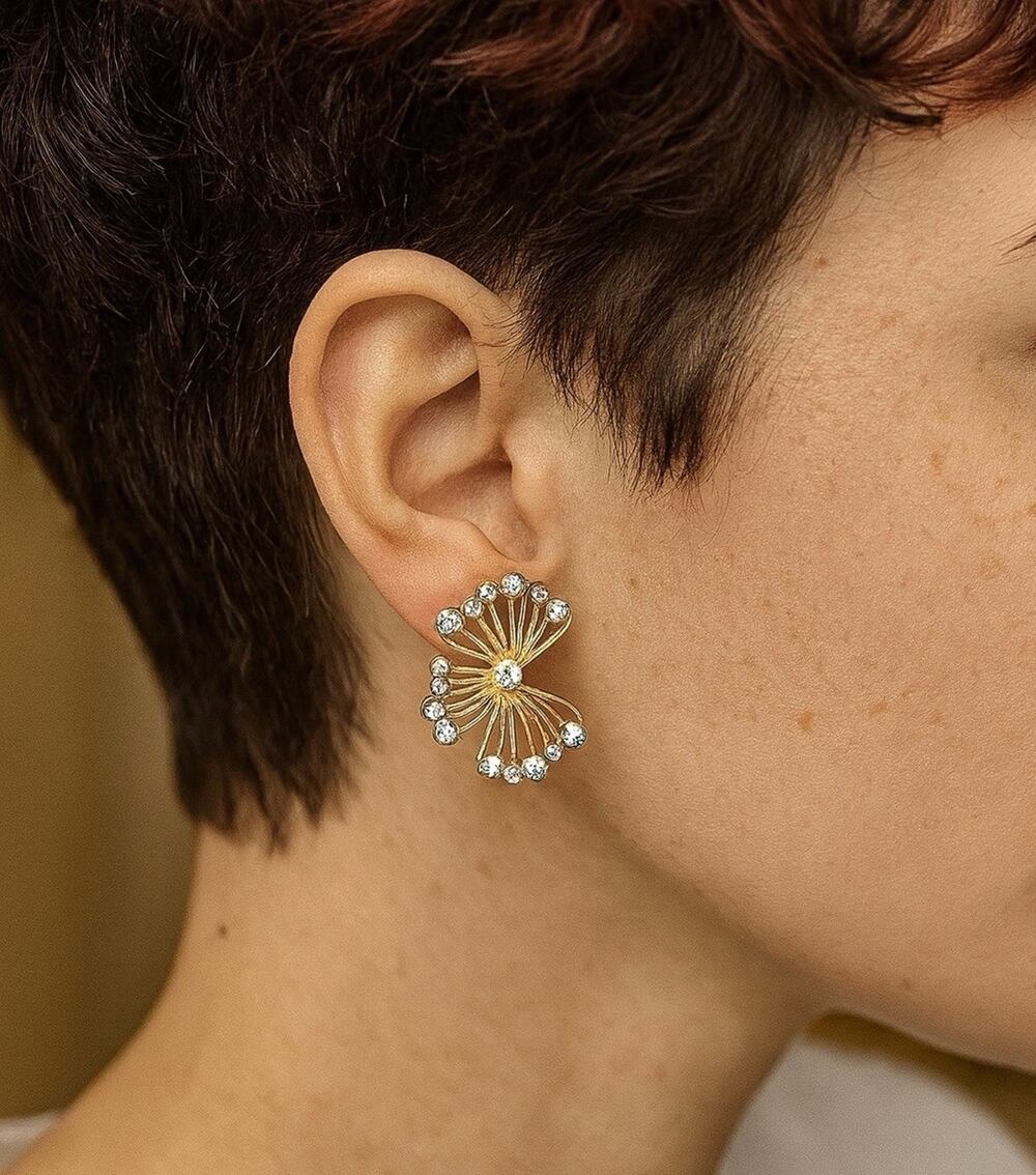Anthropologie Flower Earrings Half Gold Boho CZ Crystal VTG Art Museum 18k Antiq
